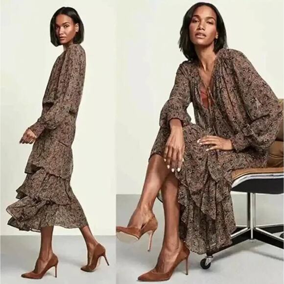 VERONICA BEARD Tunis Tiered Maxi Dress Cinnamon Brown Multi {Q21} - Picture 3 of 4